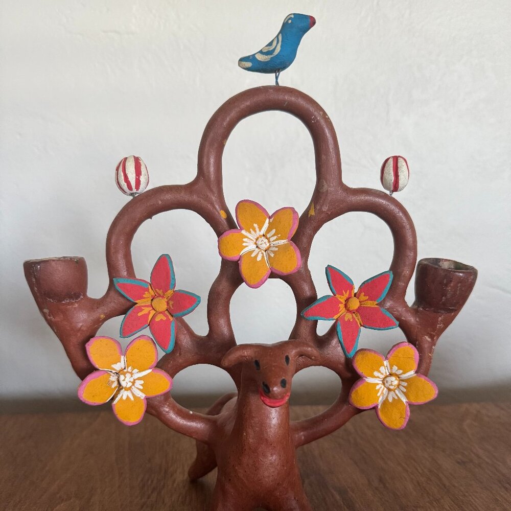 Vintage Mexican Clay Tree of Life Candelabra